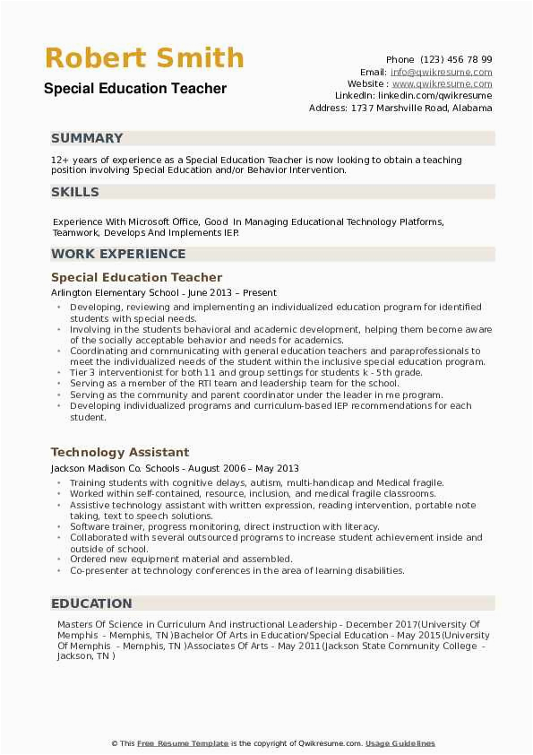 Free Special Education Teacher Resume Templates 17 Resume Samples Education