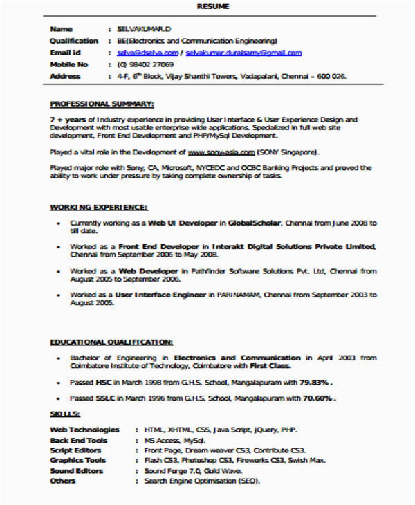 Front End Developer Resume Template Download Free 7 Sample Front End Developer Resume Templates In Ms