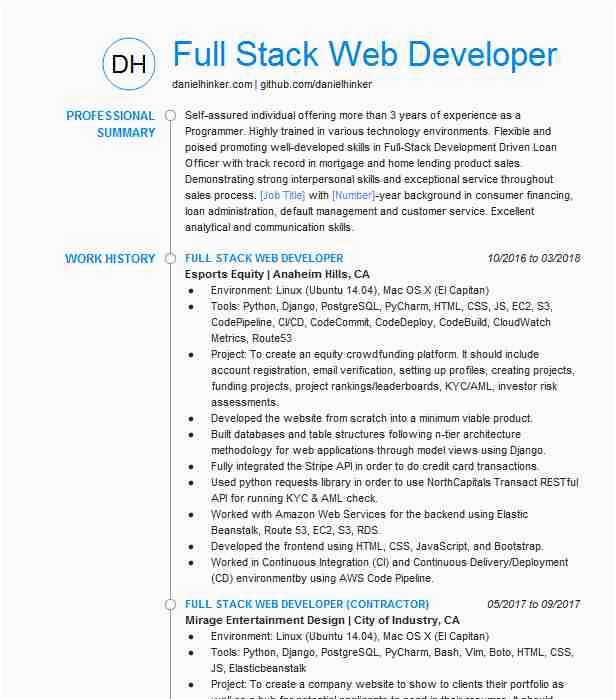 Full Stack Net Developer Resume Sample Full Stack Web Developer Resume Example Pany Name