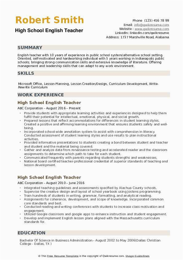 High School English Teacher Resume Samples High School English Teacher Resume Samples