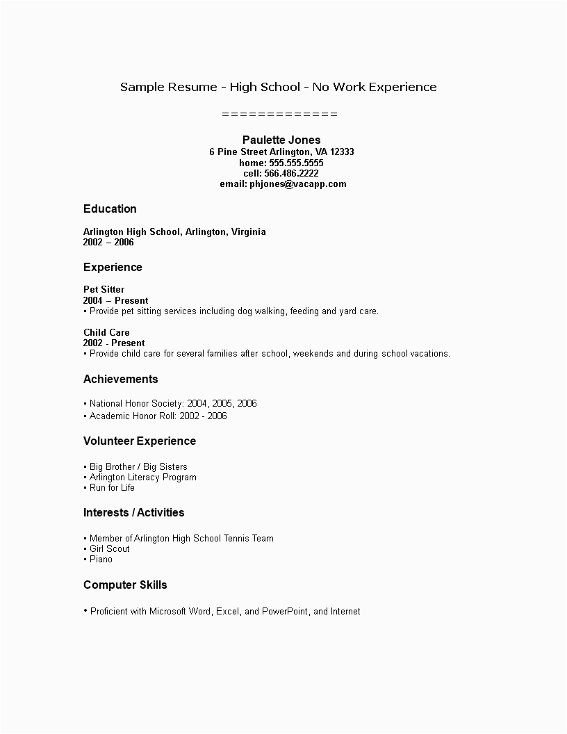 High School Resume No Work Experience Template Sample Resume for High School Student with No Experience
