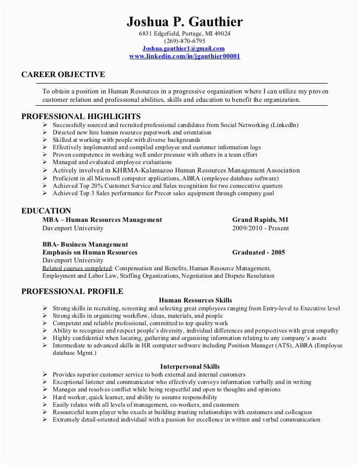 Human Resources Resume Templates Entry Level Gauthier Joshua 2011 Hr Resume[1]
