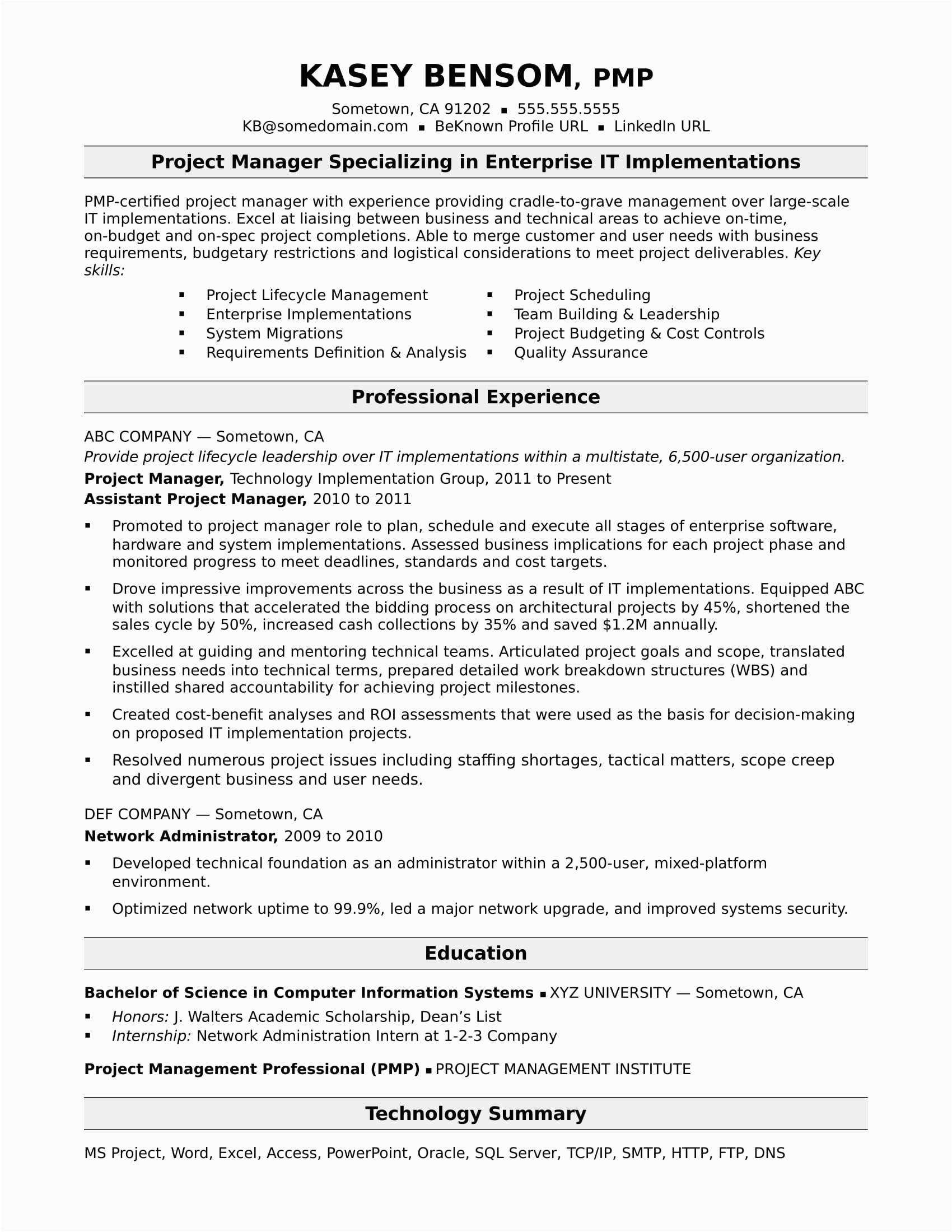 It Project Management Resume Examples and Samples Sample Resume for A Midlevel It Project Manager