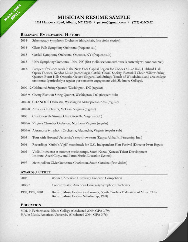 Music Resume Template for College Application Music Resume Sample