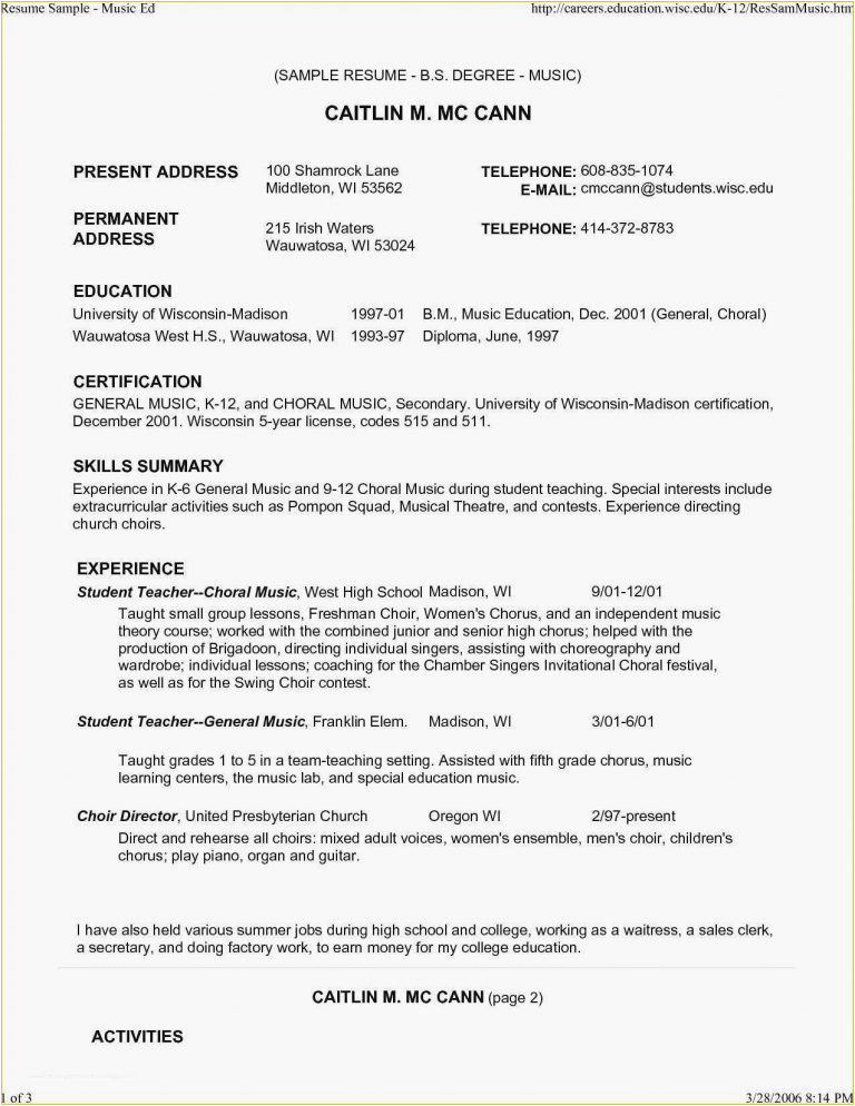 Music Resume Template for College Application Sample Music Resume for College Application