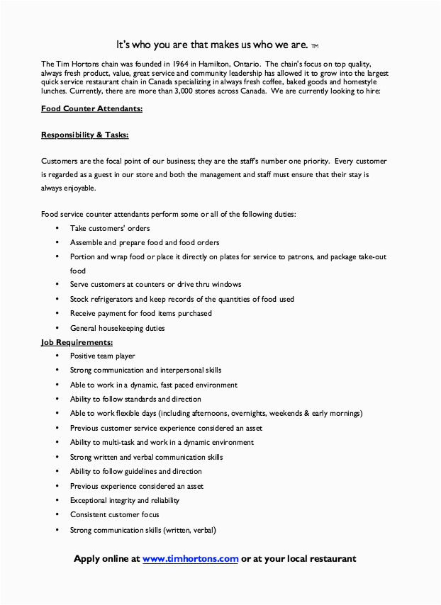 Resume for Tim Hortons Job Sample Tim Hortons Job Description for Resume the Cover Letter