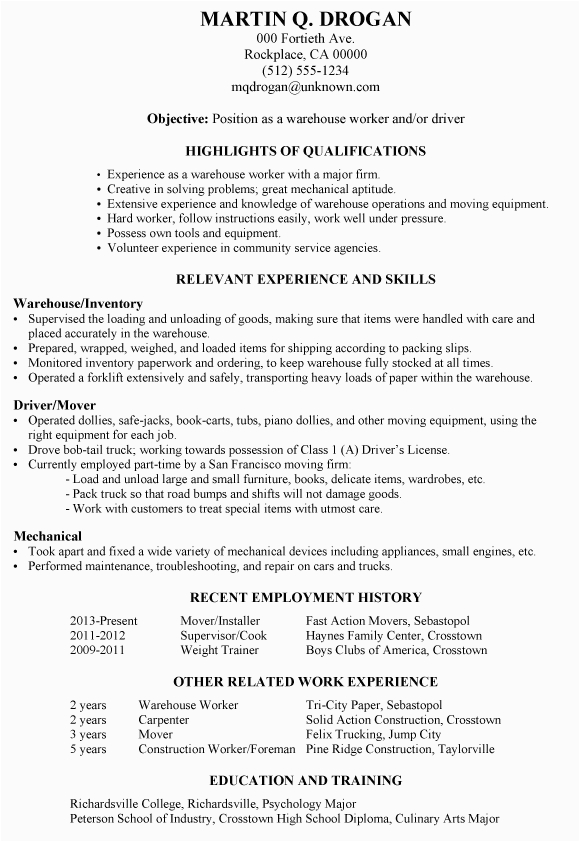 Resume Objective Samples for Experienced Professionals Warehouse Worker Resume