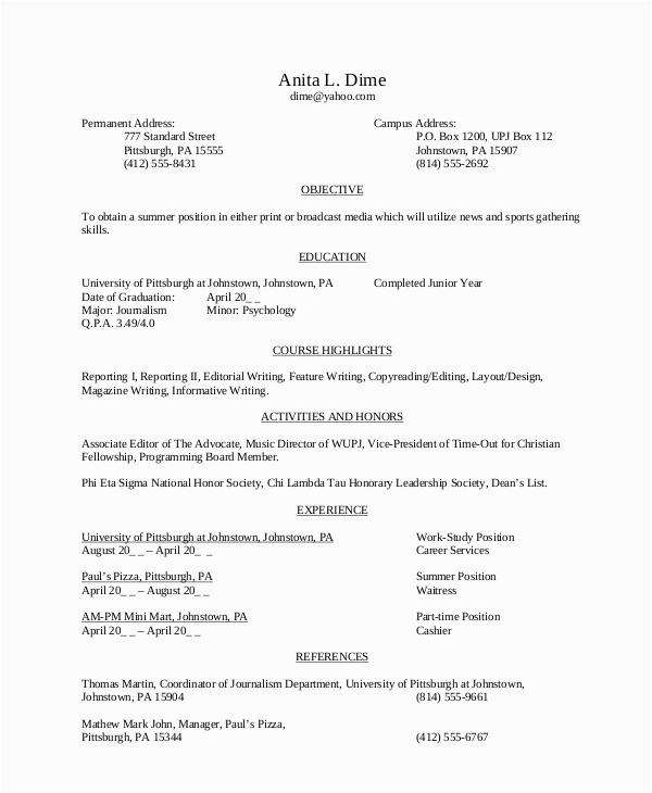 Resume Objective Samples for High School Students Free 8 Sample High School Student Resume Templates In Ms