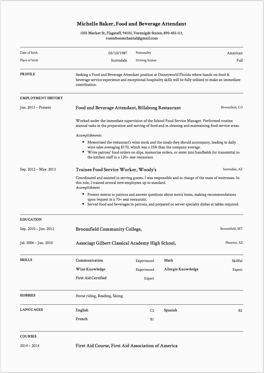 Resume Sample for Food and Beverage Service 7 Food and Beverage attendant Resume Sample S 2018
