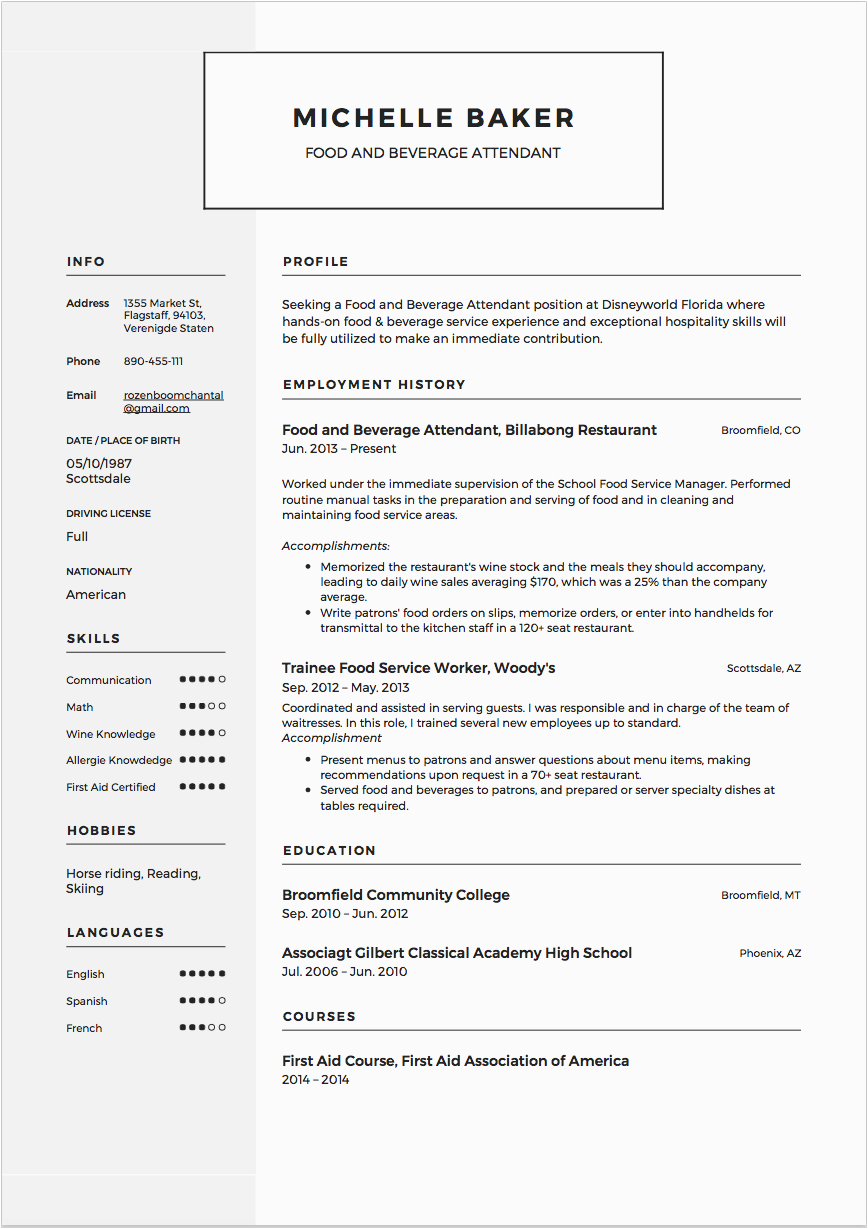 Resume Sample for Food and Beverage Service 7 Food and Beverage attendant Resume Sample S 2018