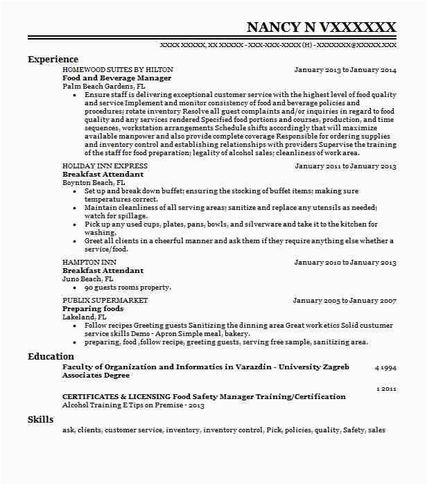 Resume Sample for Food and Beverage Service Professional Food and Beverage Manager Resume Examples