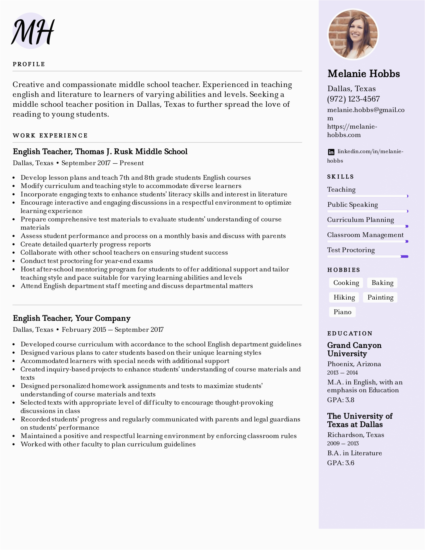 Resume Template for Middle School Students Middle School Teacher Resume Example & Writing Tips for 2021