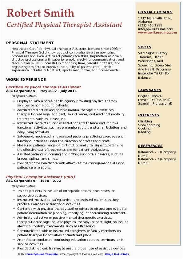 Resume Template for Physical therapist assistant Physical therapist assistant Resume Samples