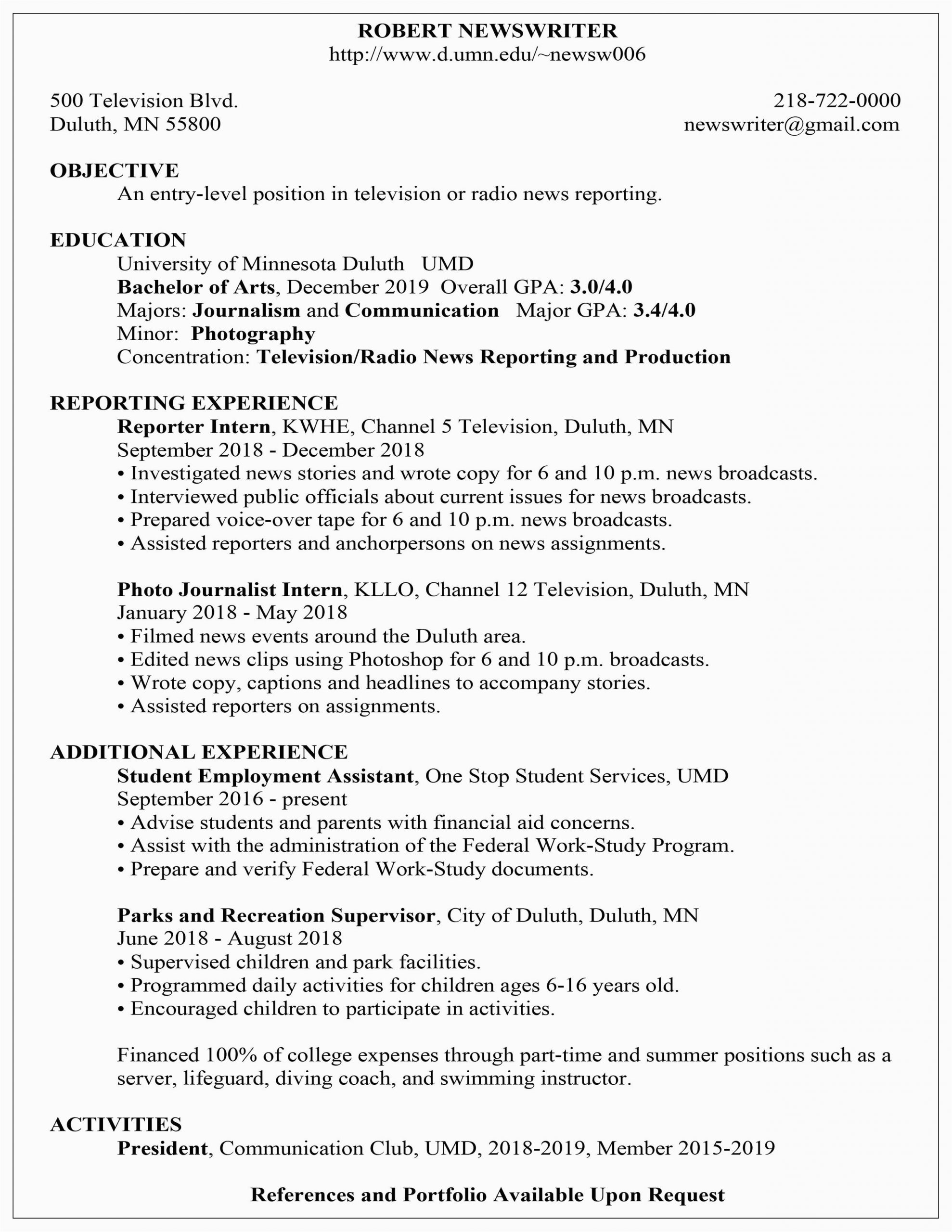 Sample Letter Of Resume to Work Resume Examples Career & Internship Services