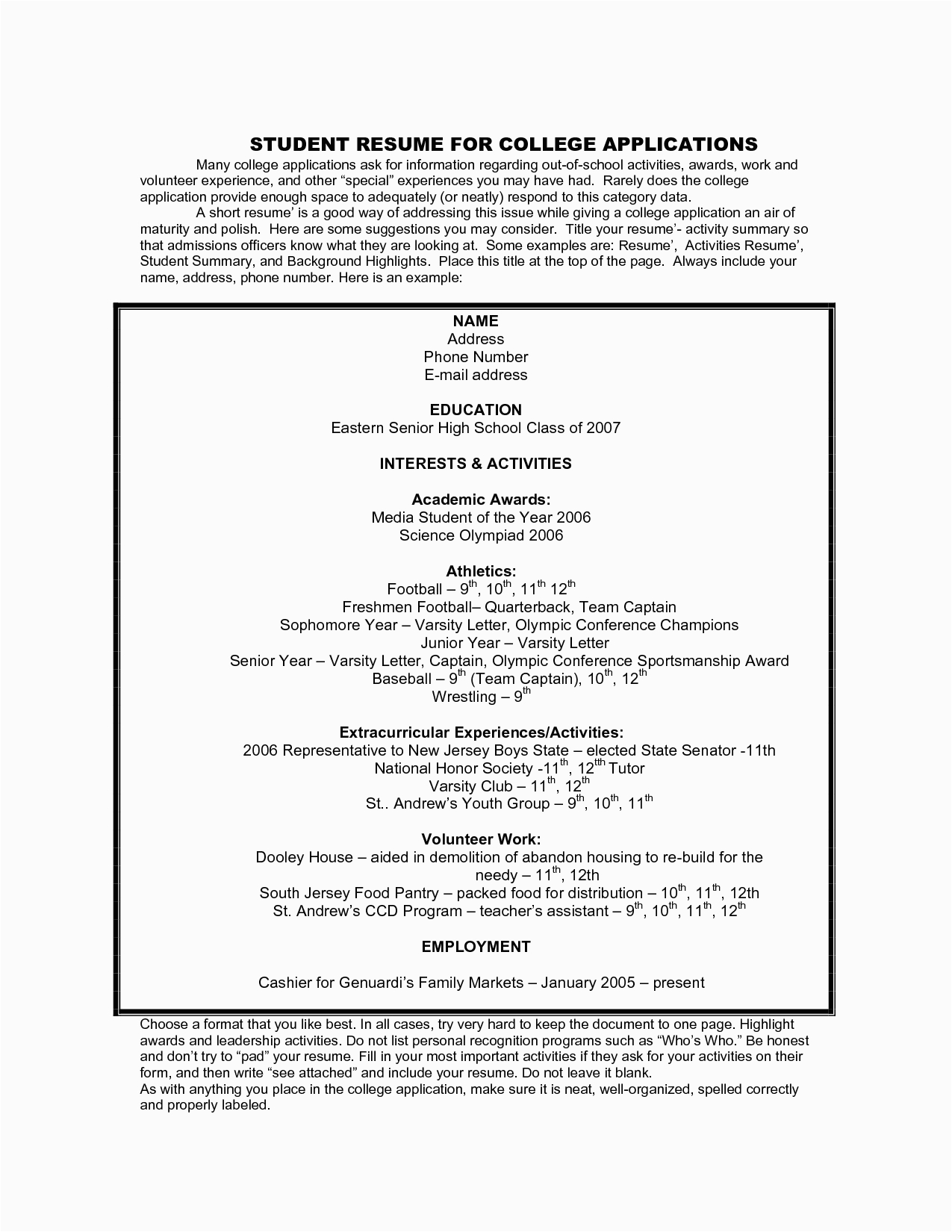 Sample Of A Resume for College Application College Admission Resume