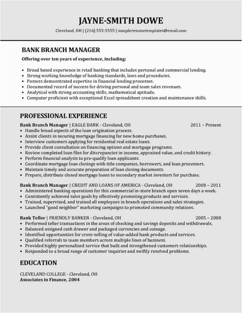 Sample Resume for Bank Branch Operations Manager Bank Branch Manager