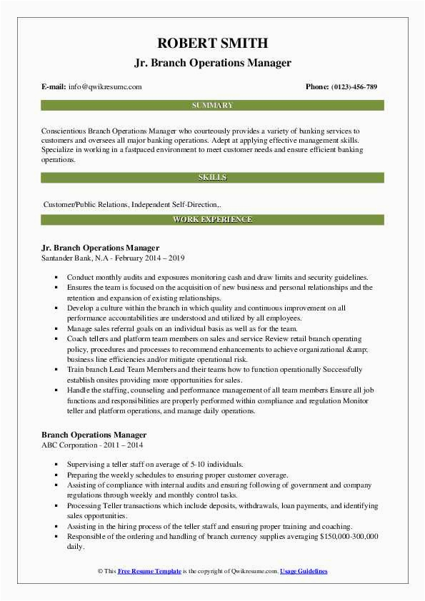 Sample Resume for Bank Branch Operations Manager Branch Operations Manager Resume Samples