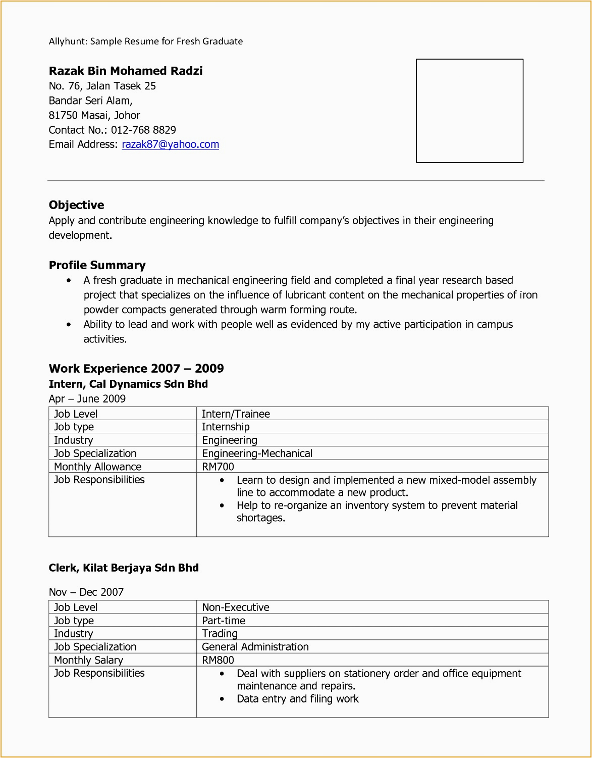Sample Resume for Banking and Finance Fresh Graduate 9 Example Resume for Fresh Graduate