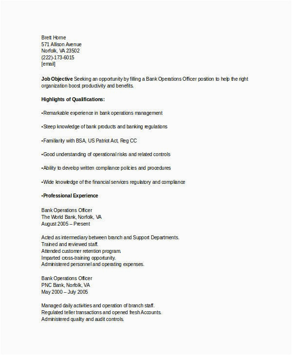 Sample Resume for Banking Operation Officer Banking Resume Samples 46 Free Word Pdf Documents