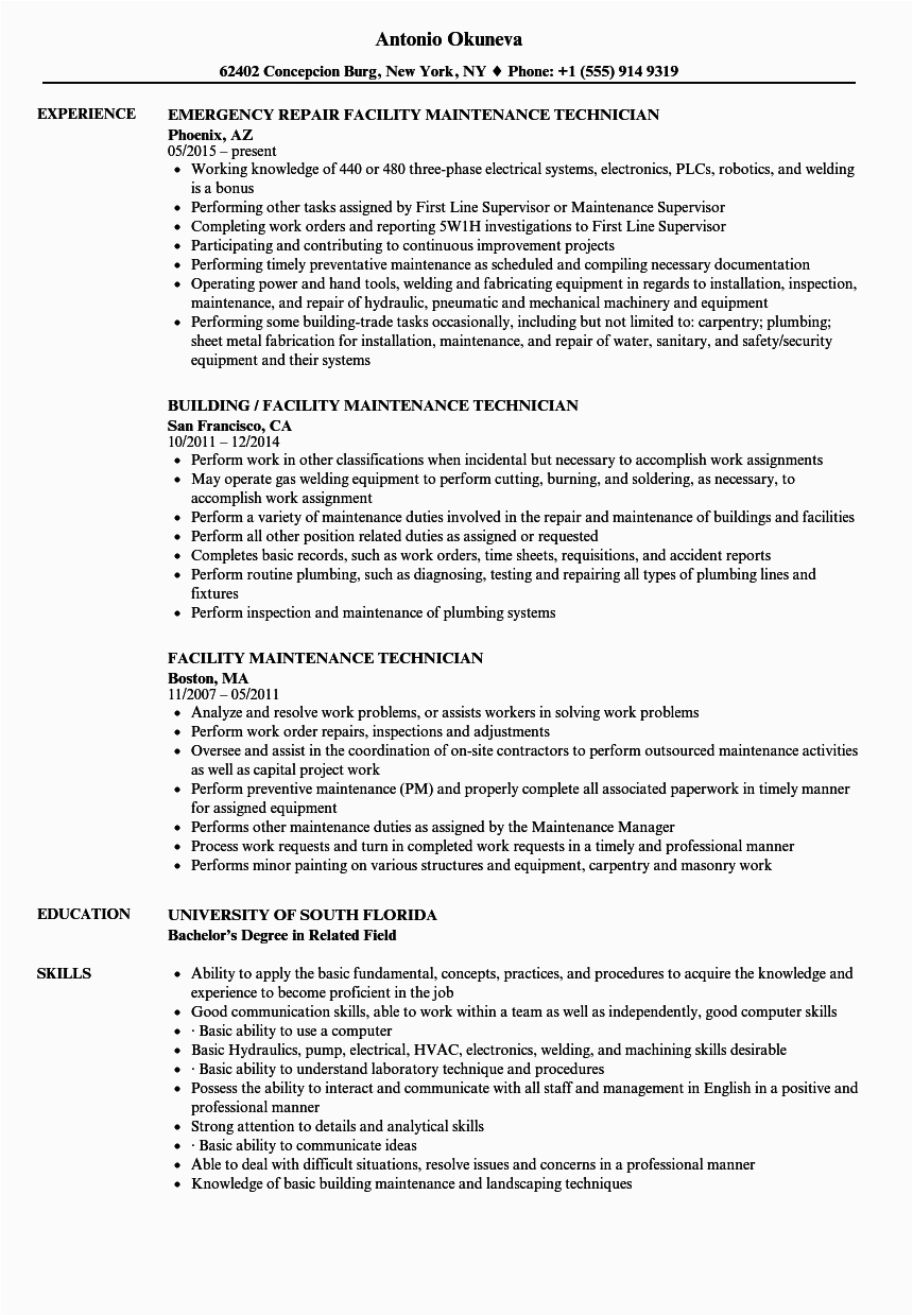 Sample Resume for Building Maintenance Technician Facility Maintenance Technician Resume February 2021