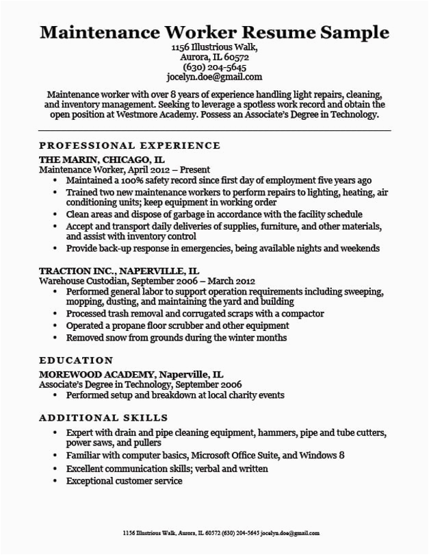 Sample Resume for Building Maintenance Worker Maintenance Worker Resume Sample
