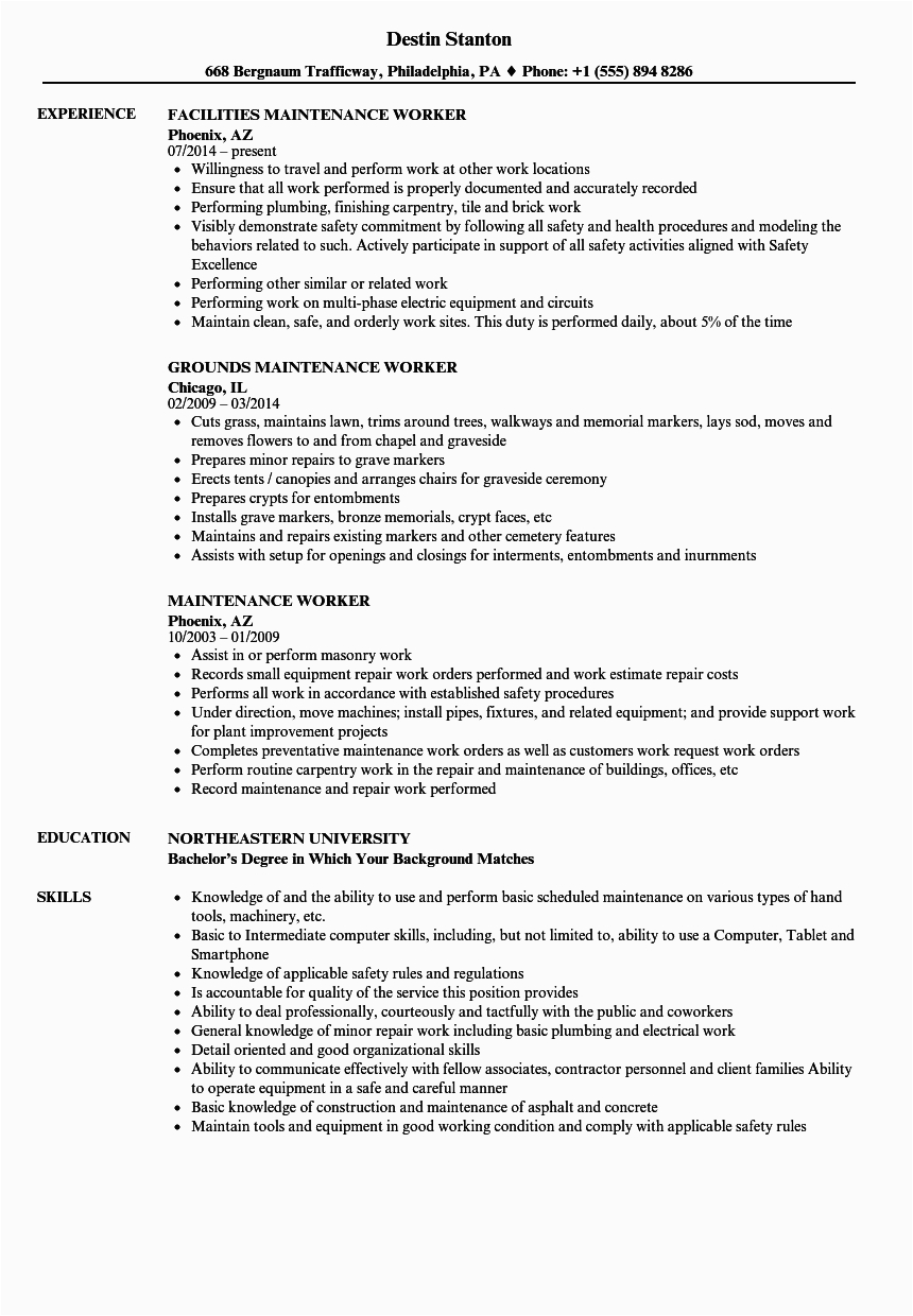 Sample Resume for Building Maintenance Worker Sample Resume for Maintenance Worker