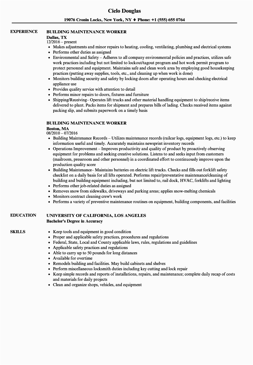 Sample Resume for Building Maintenance Worker Sample Resume for Maintenance Worker