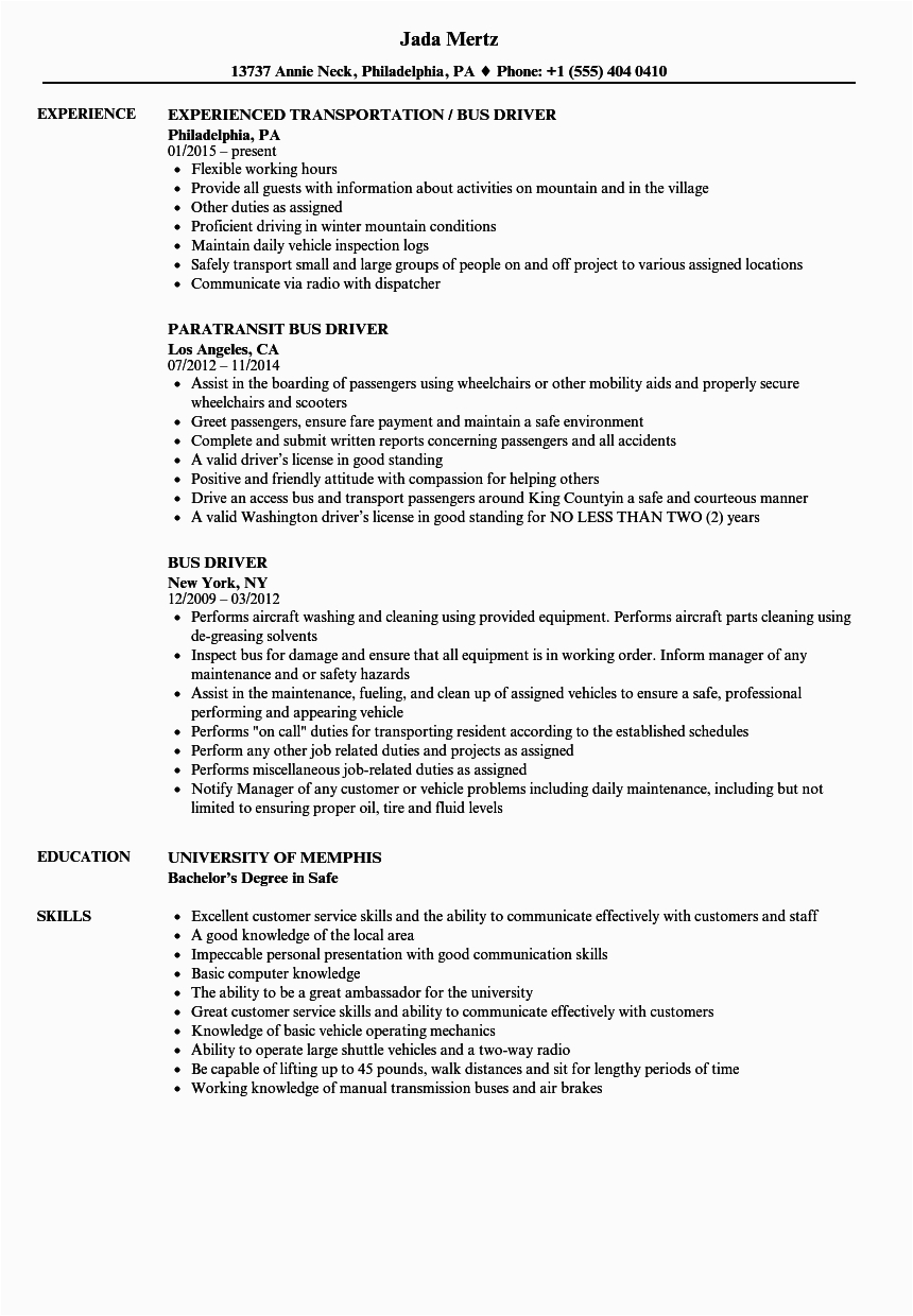 Sample Resume for Bus Driver Position Bus Driver Resume