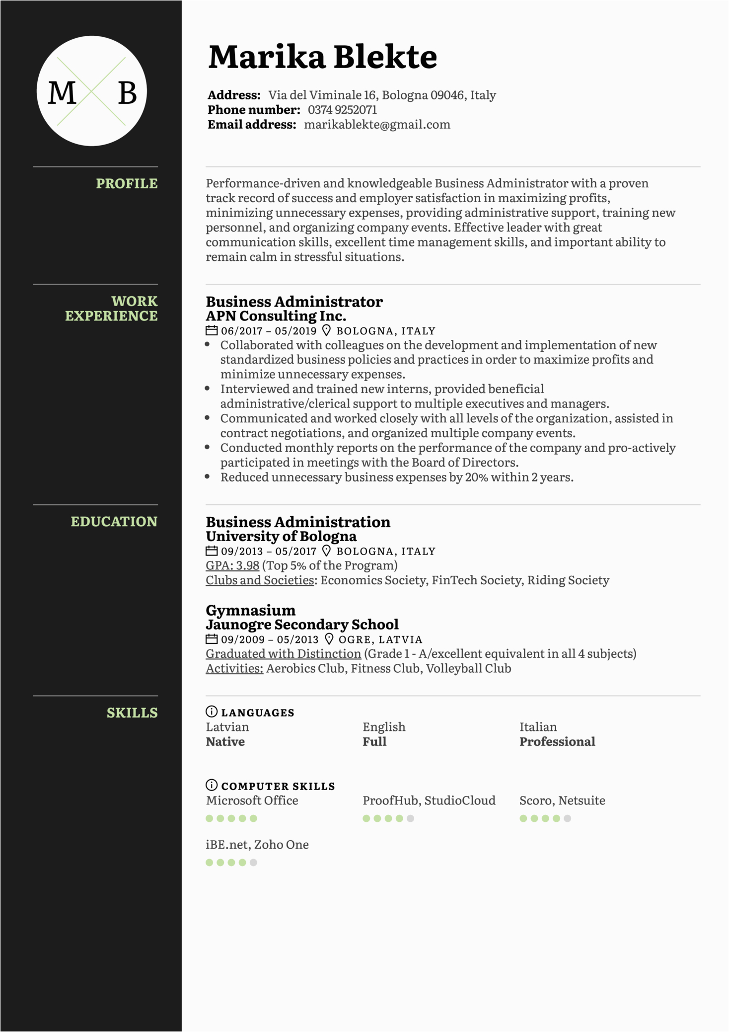 Sample Resume for Business Administration Student Business Administrator Resume Sample