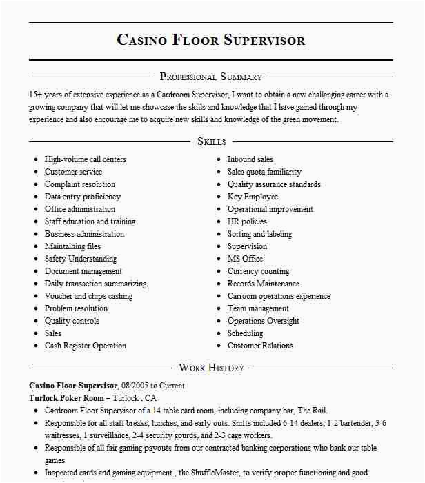 Sample Resume for Casino Pit Supervisor Casino Floor Supervisor Pit Manager Resume Example Motor