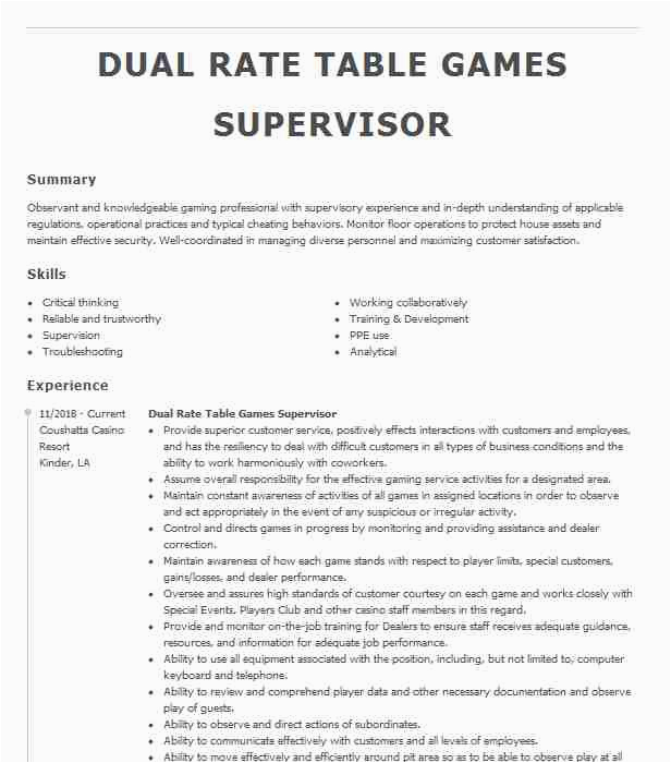 Sample Resume for Casino Pit Supervisor Table Games Dual Rate Pit Manager Resume Example Seminole