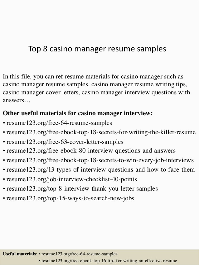 Sample Resume for Casino Pit Supervisor top 8 Manager Resume Samples