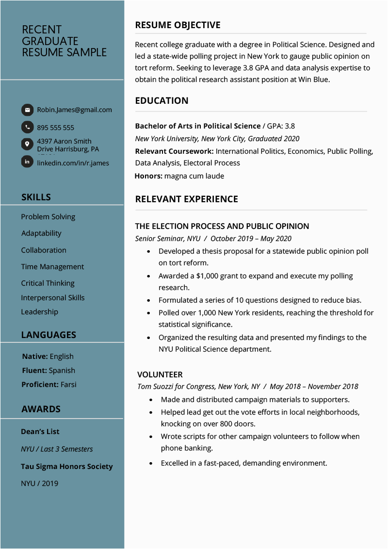 Sample Resume for Fresh Graduates with No Experience Recent College Graduate Resume Examples Plus Writing Tips