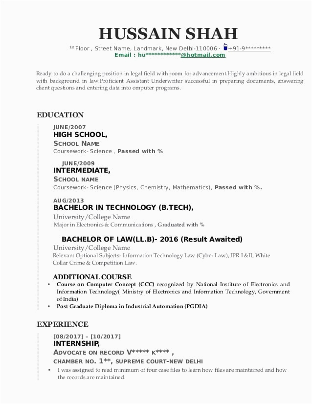 Sample Resume for Fresh Law Graduates Sample Cv for Fresh Law Graduate with Engineering Degree