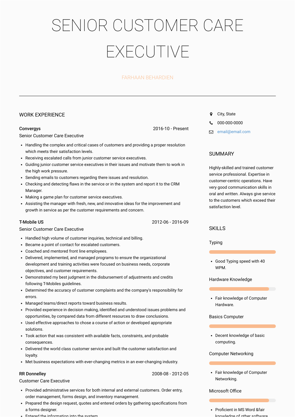 Sample Resume for Fresher Customer Care Executive Customer Care Executive Resume Samples and Templates