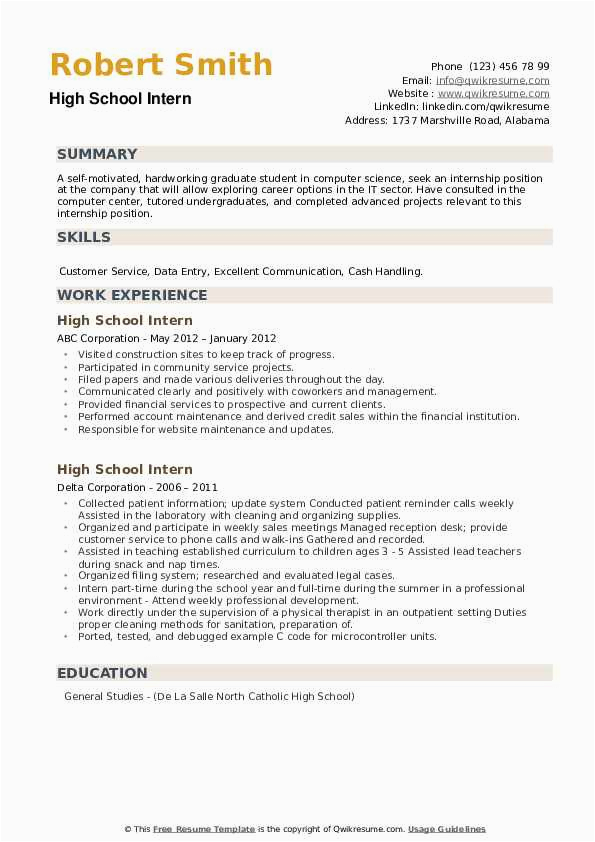 Sample Resume for High School Student Seeking Internship High School Intern Resume Samples