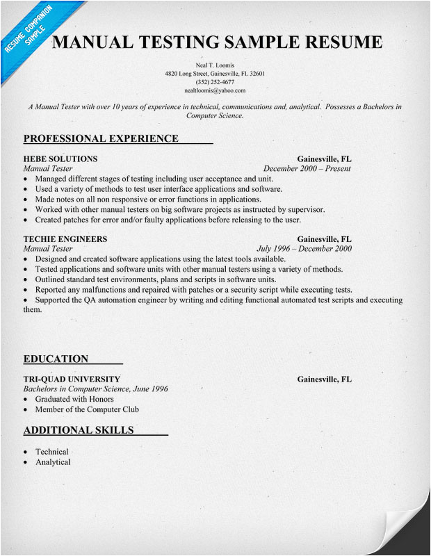 Sample Resume for Manual Testing Fresher Sample Resume Manual Testing