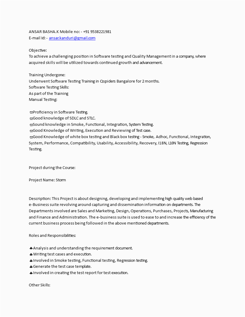 Sample Resume for Manual Testing Fresher software Manual Testing Resume for Fresher