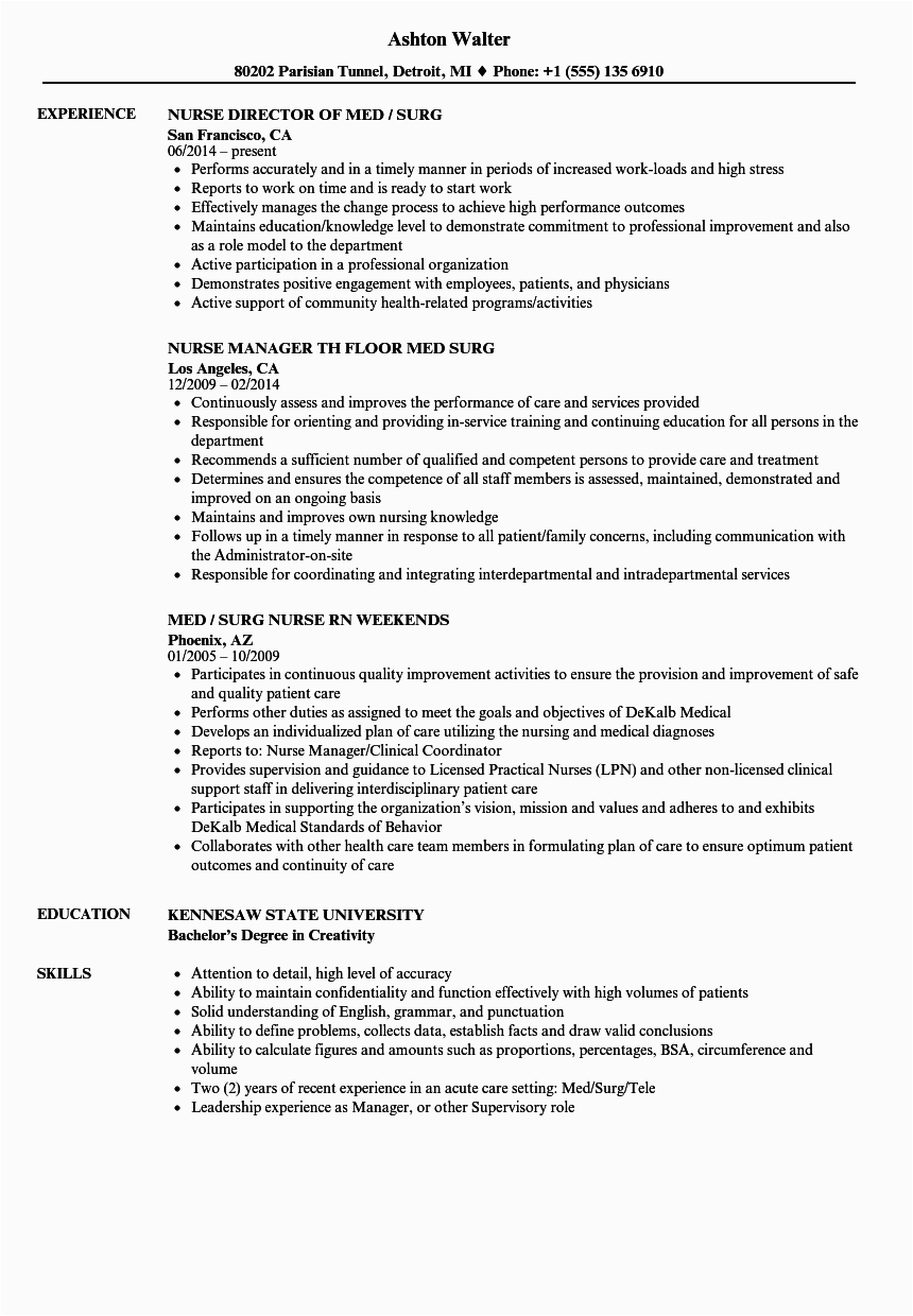 Sample Resume for Med Surg Nurse Med Surg Nursing Resume Examples Mryn ism