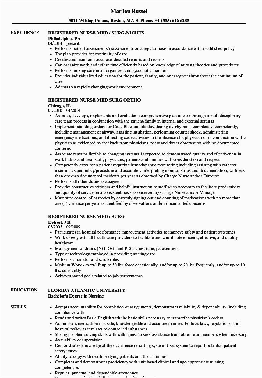 Sample Resume for Med Surg Nurse Med Surg Registered Nurse Resume Free Resume Templates