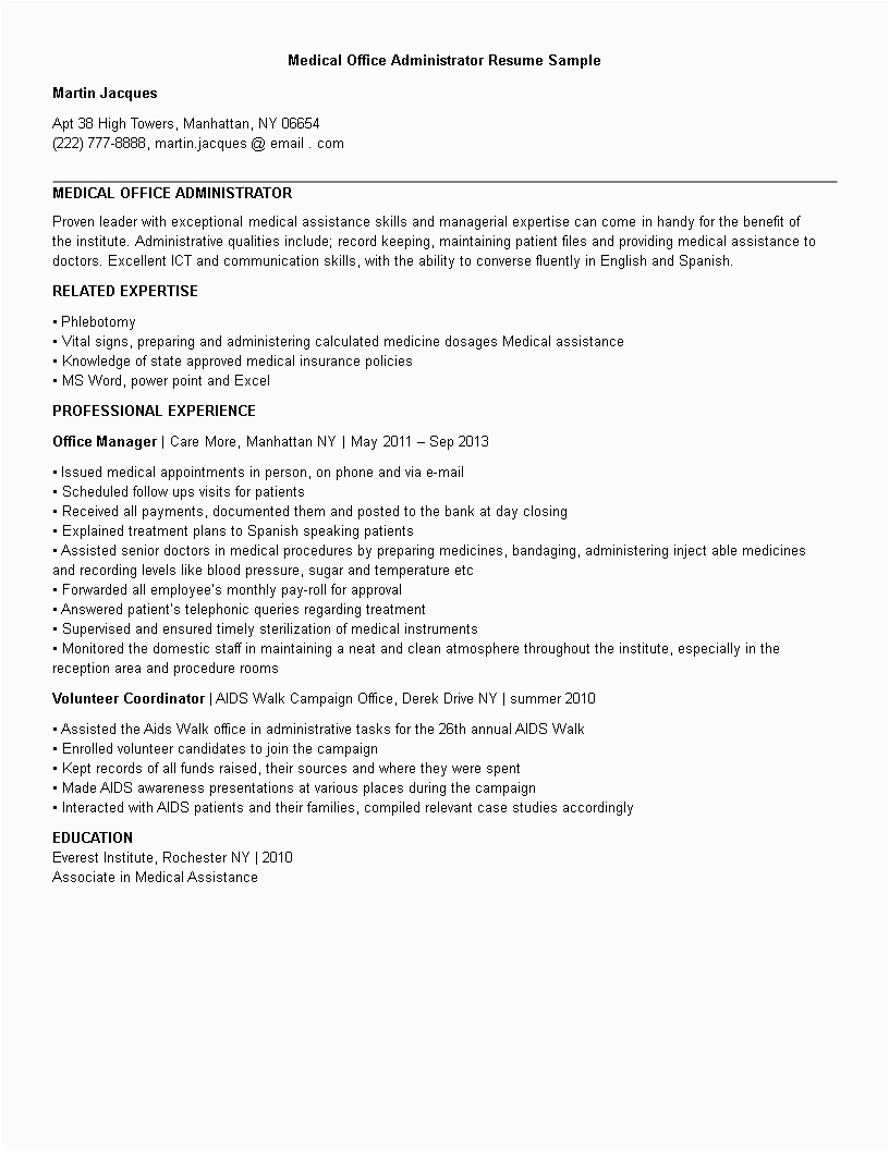 Sample Resume for Medical Office Administrator Medical Fice Administration Resume