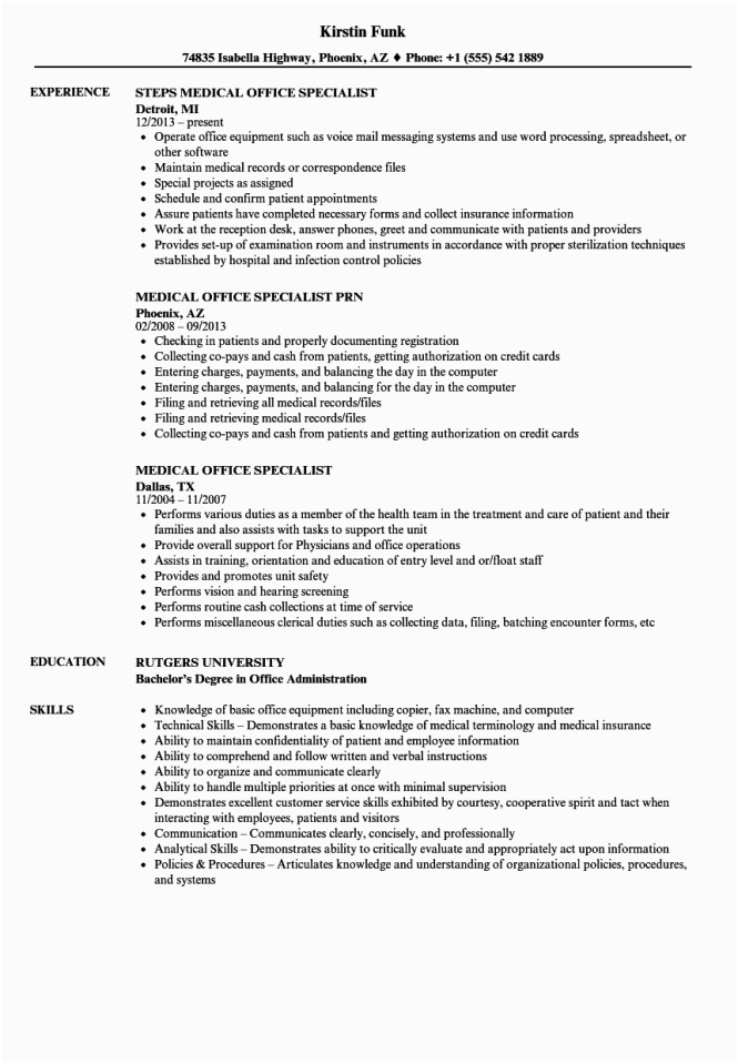 Sample Resume for Medical Office Administrator Medical Fice Specialist Resume Resume Sample