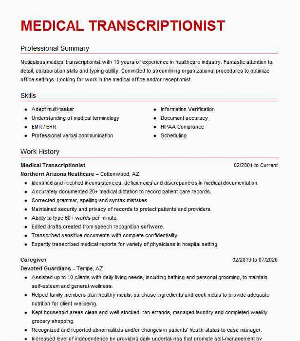 Sample Resume for Medical Transcriptionist with Experience Medical Transcriptionist Resume Example Tcbh Sapulpa