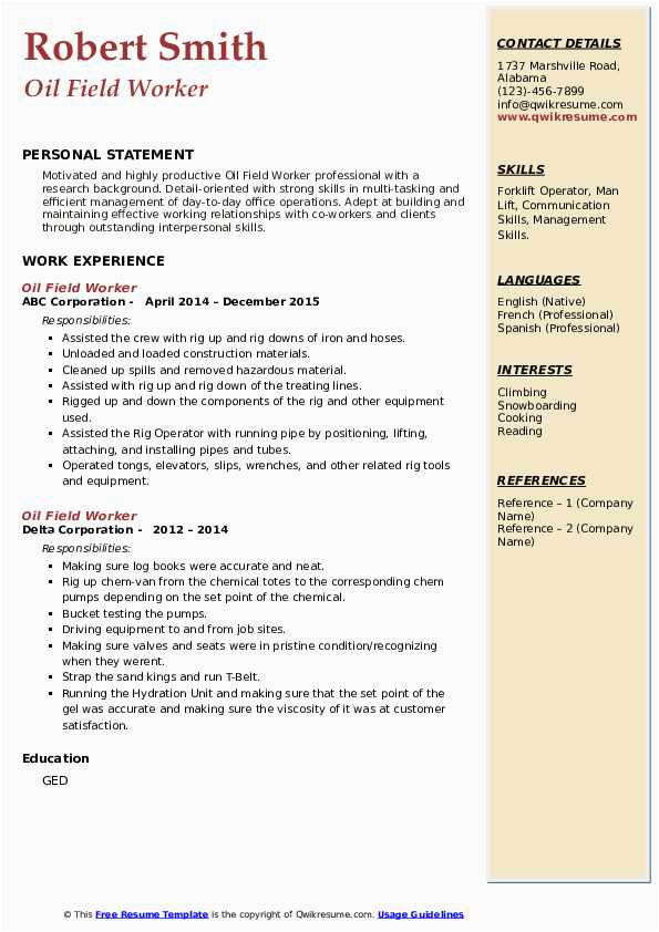 Sample Resume for Oil Field Worker Oil Field Worker Resume Samples