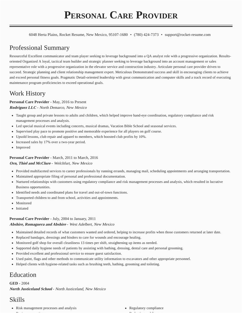 Sample Resume for Personal Care Provider Personal Care Provider Resumes
