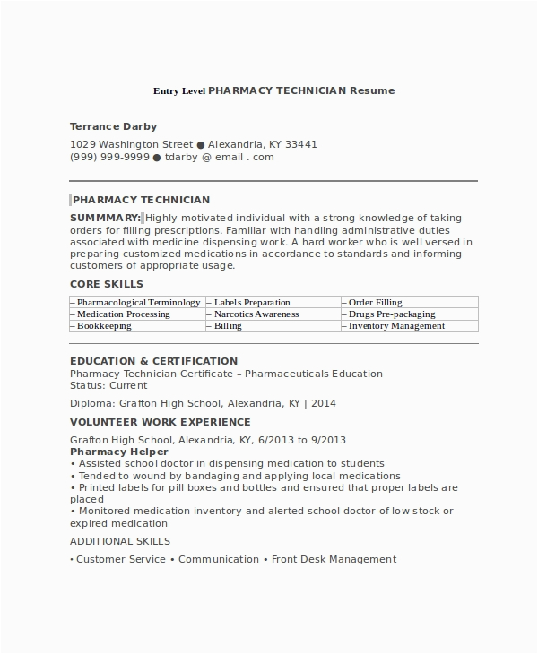 Sample Resume for Pharmacy Technician Entry Level Free 7 Sample Pharmacy Technician Resume Templates In Ms