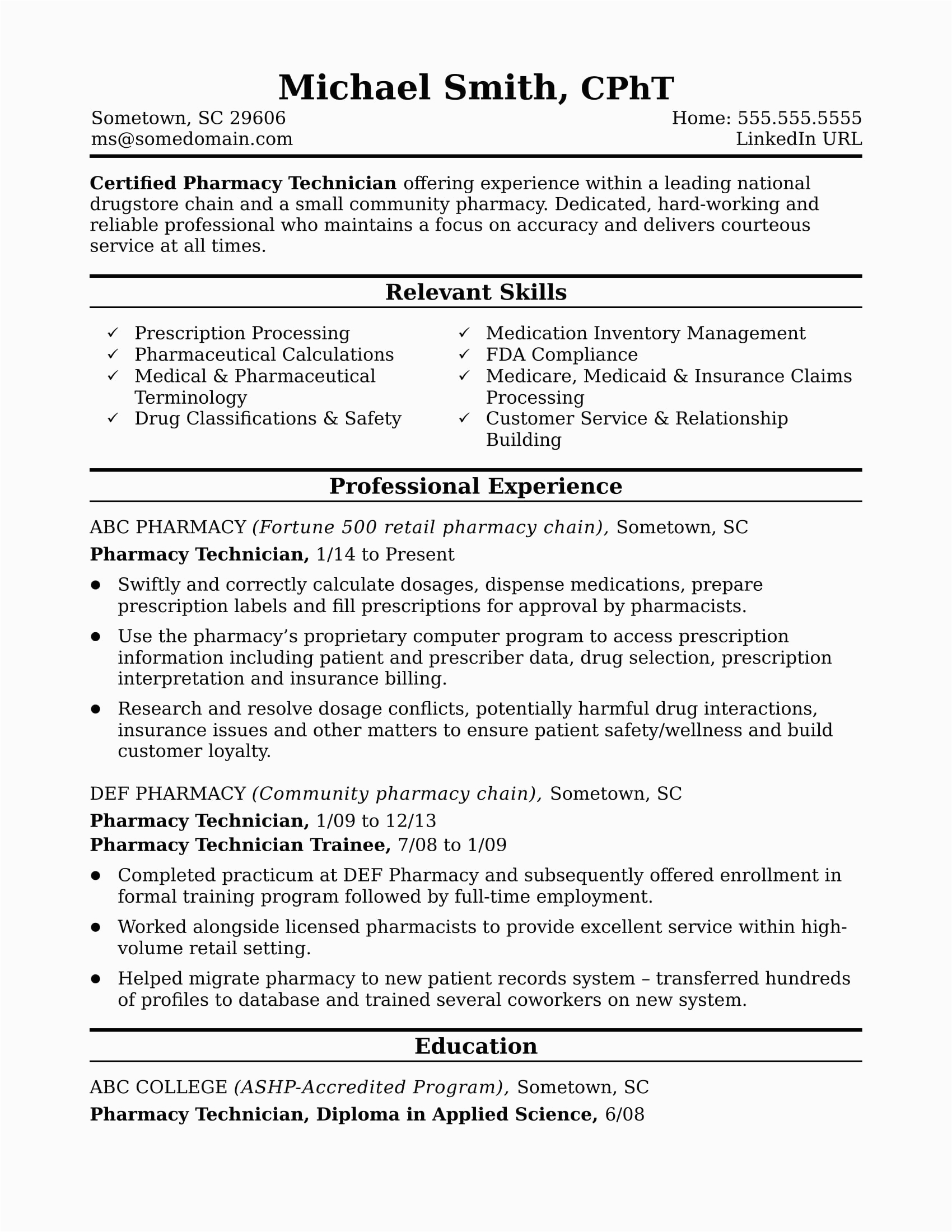 Sample Resume for Pharmacy Technician Entry Level Midlevel Pharmacy Technician Resume Sample