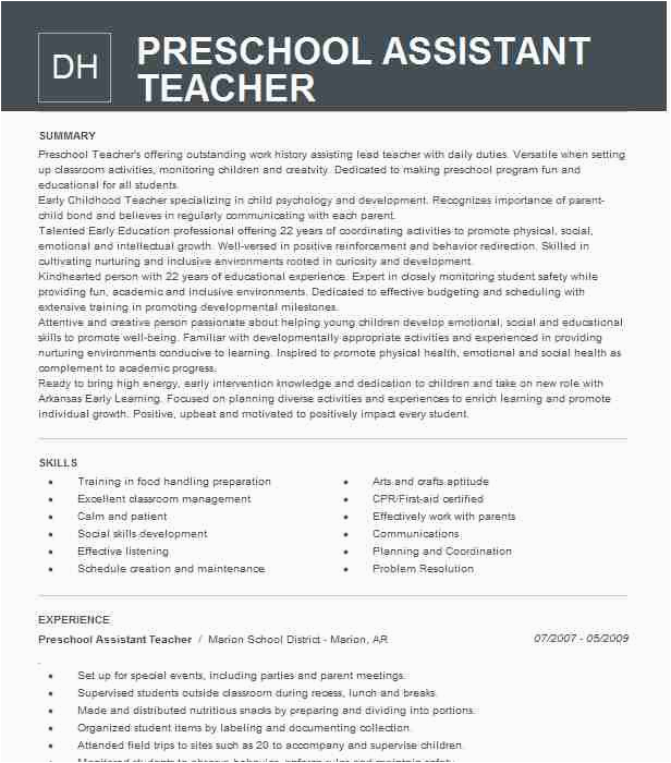 Sample Resume for Preschool Teacher assistant Preschool assistant Teacher Resume Example Little Ones