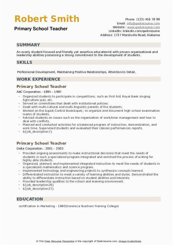 Sample Resume for Primary School Teacher with Experience Primary School Teacher Resume Samples