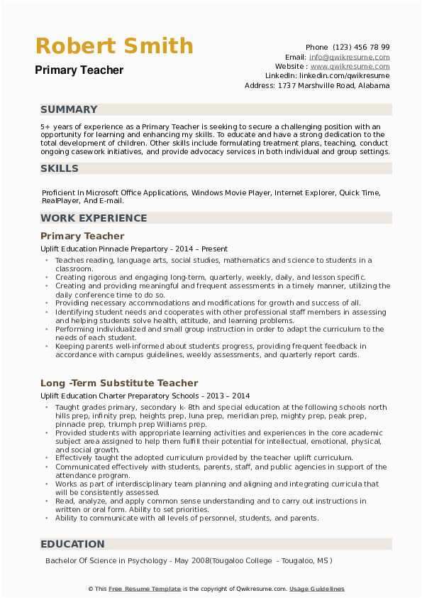 Sample Resume for Primary School Teacher with Experience Primary Teacher Resume Samples
